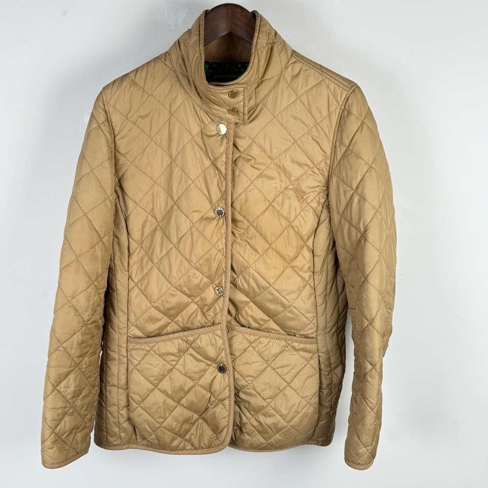 C. Wonder Quilted Barn Jacket Tan Beige Gold Buttons Size L Equestrian Preppy‎